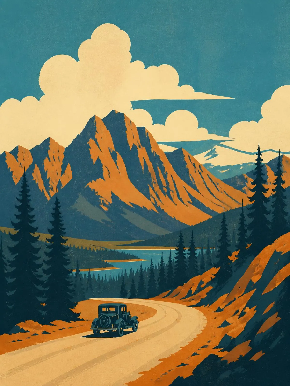 Screen-printed mountains, pines and a low sun in the style of a 1930s park poster