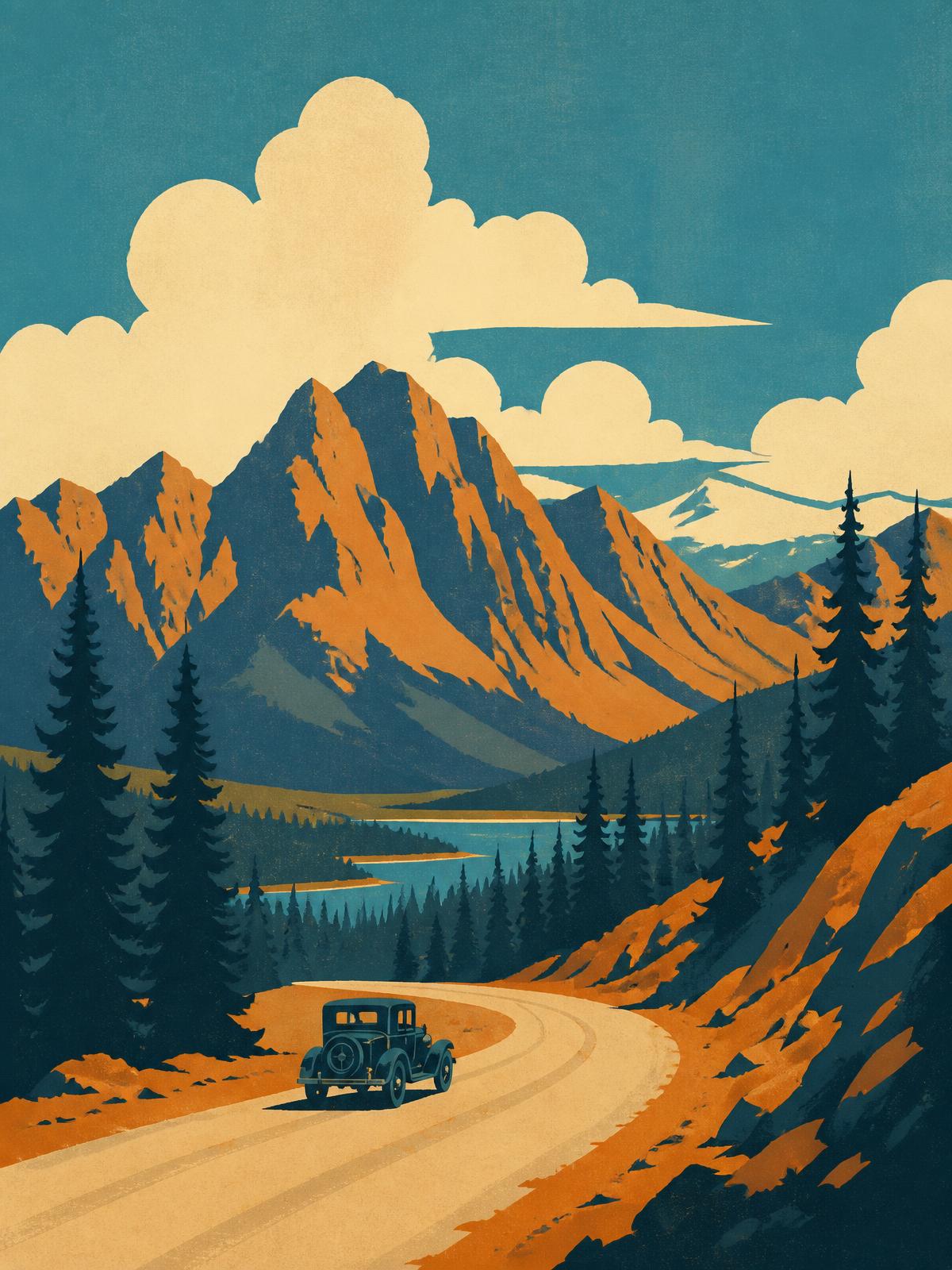 Screen-printed mountains, pines and a low sun in the style of a 1930s park poster